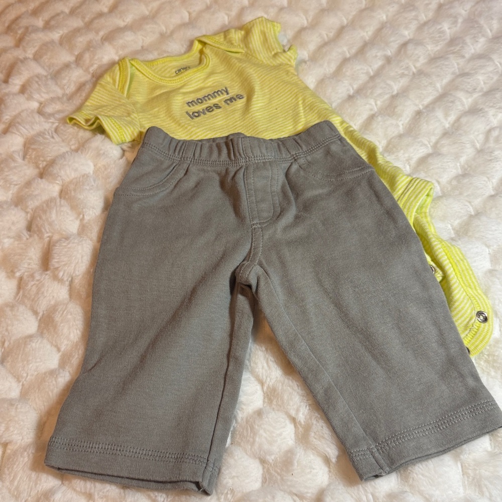Yellow Striped Baby Onesie with Gray Pants